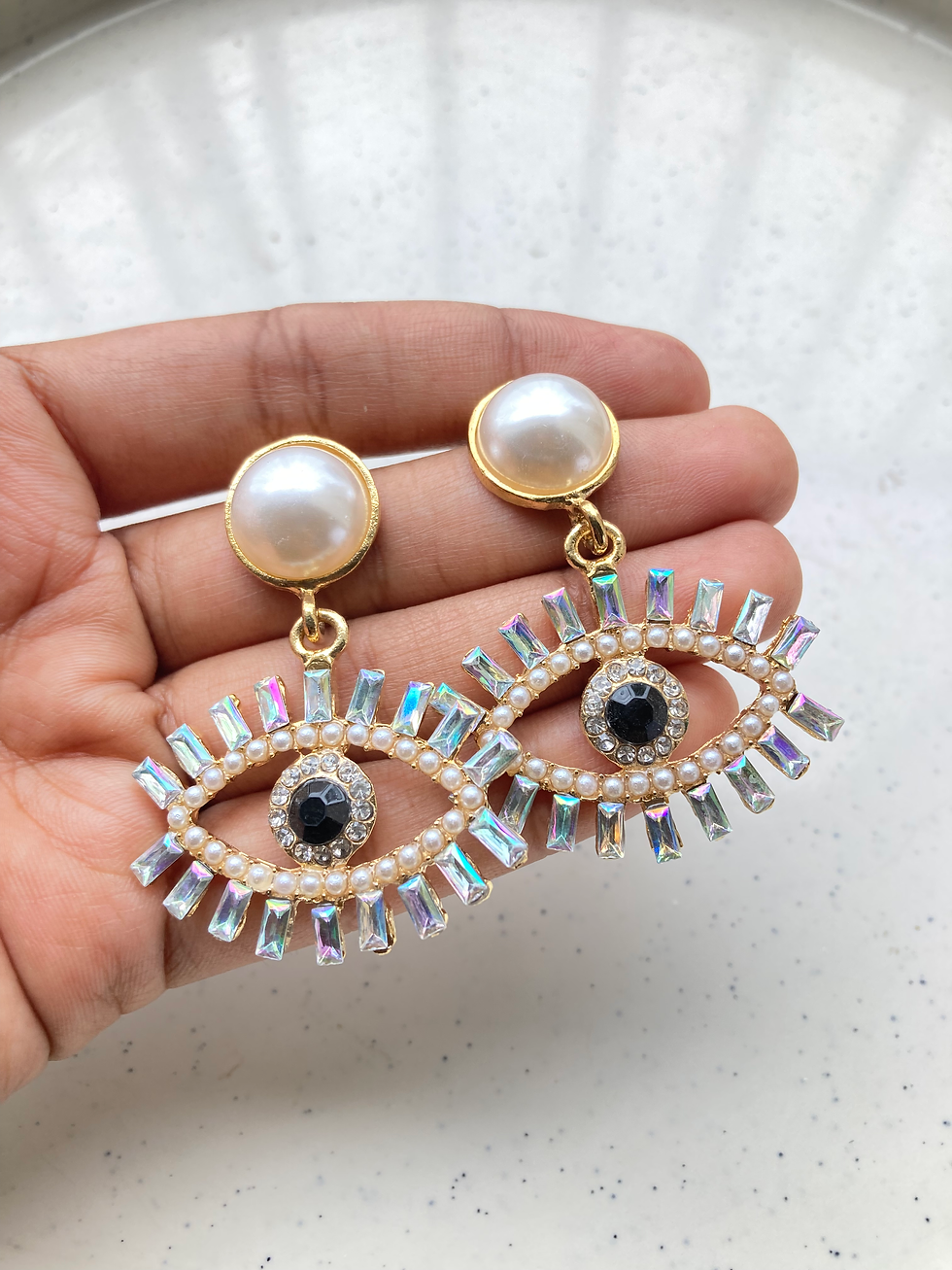 Thumbnail: Readymade evil eye rhinestone with pearl earring