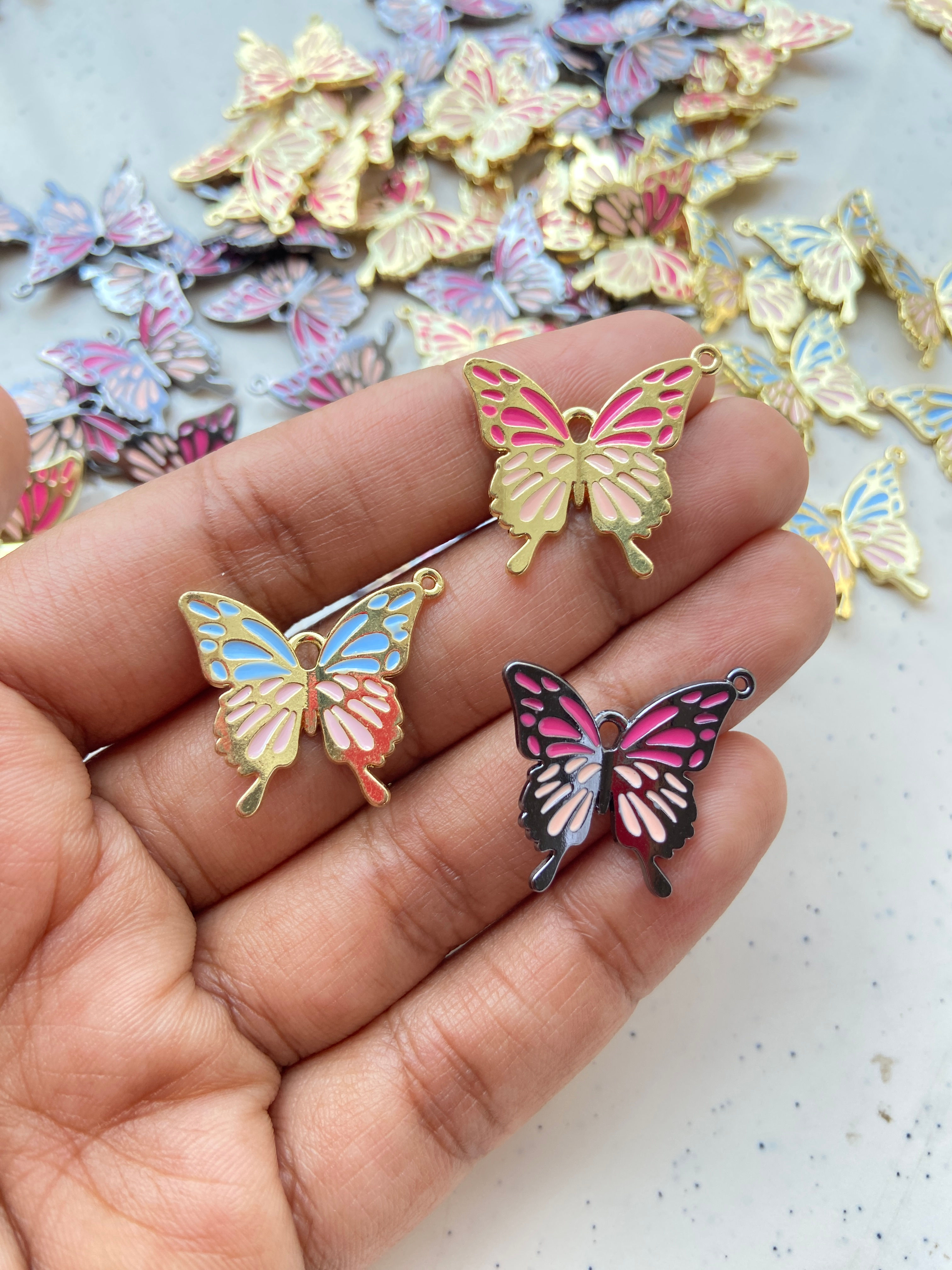 Alloy enamel pink/blue/black butterfly charm
