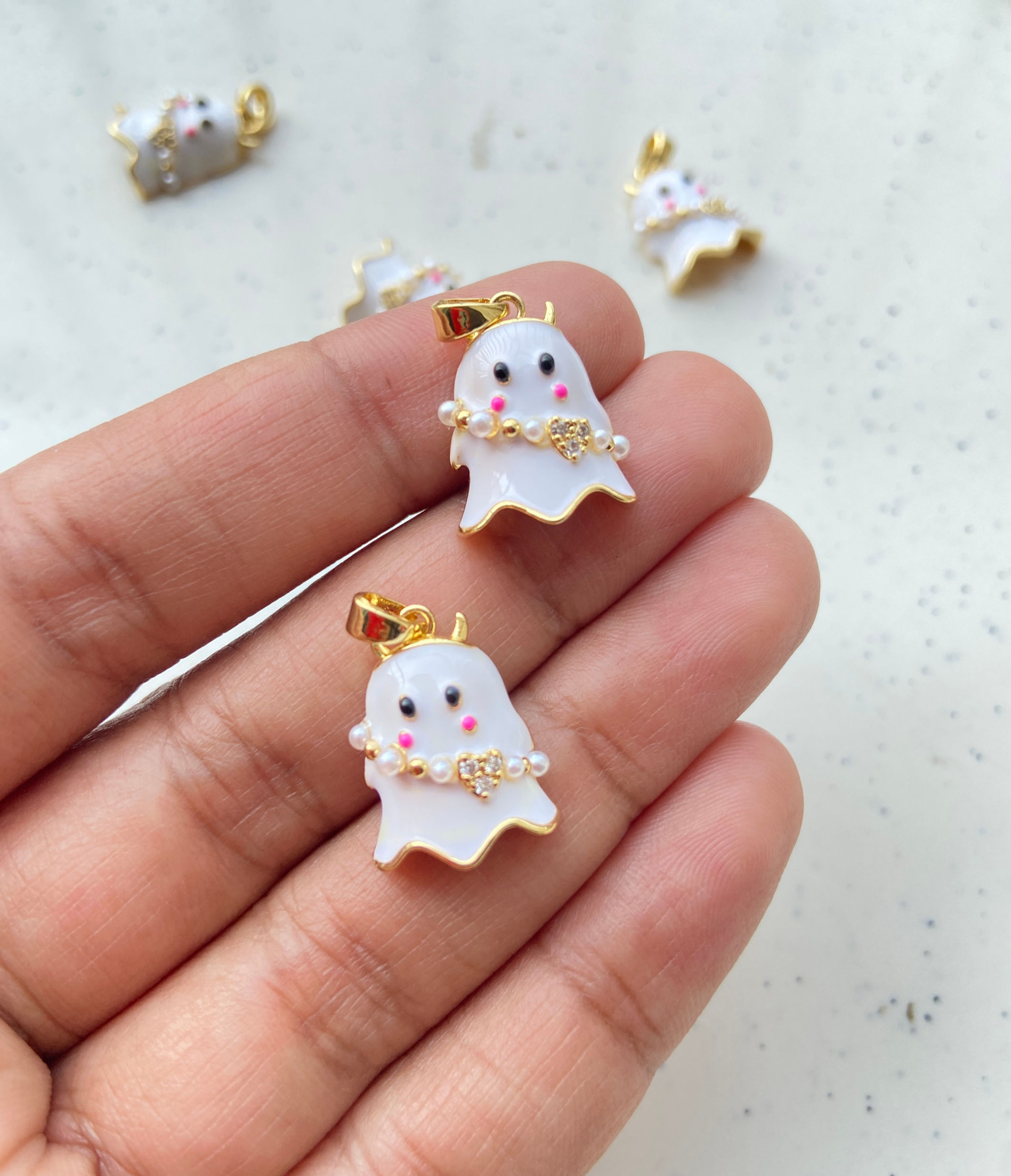 Cute ghost zircon & enamel charm, anti-tarnish