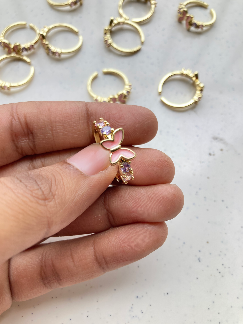 Thumbnail: Readymade enamel pink butterfly zircon adjustable ring