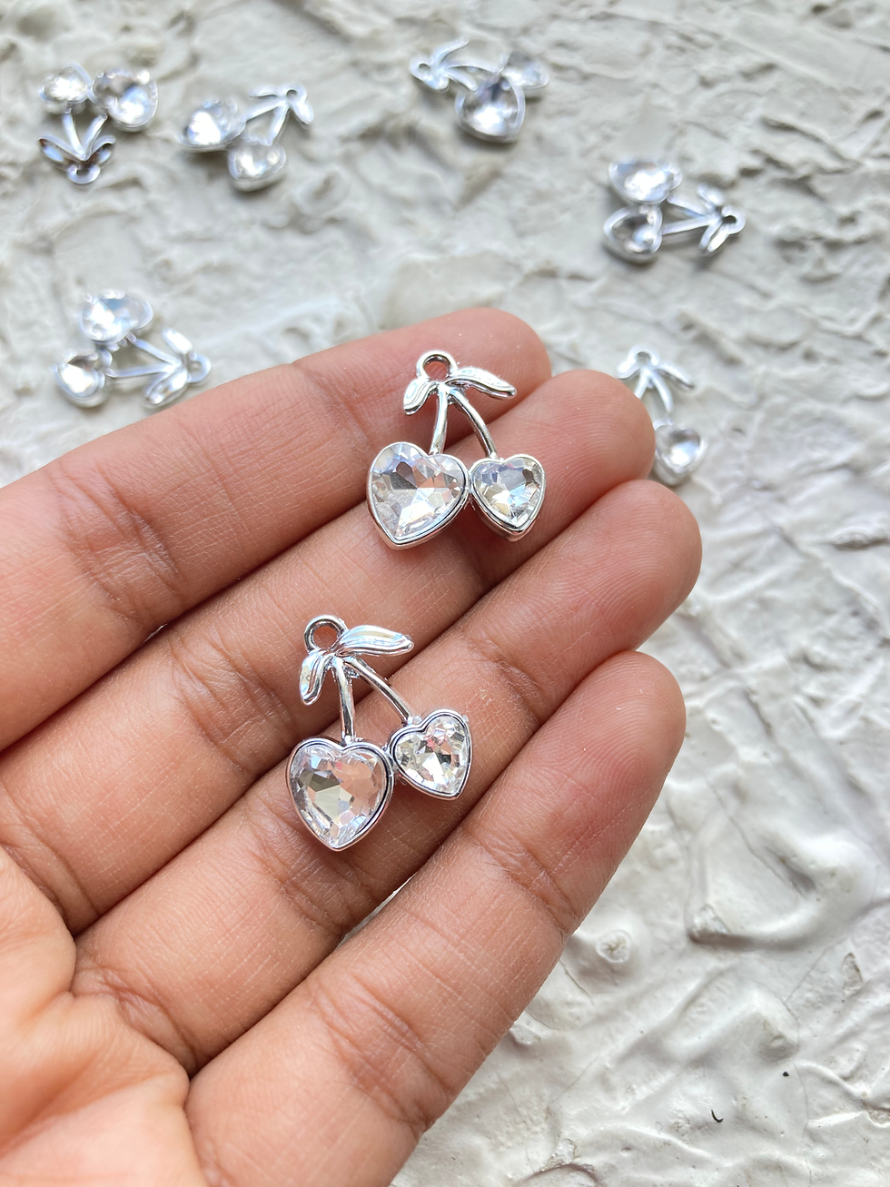 Thumbnail: Faceted glass heart cherry shape silver charm