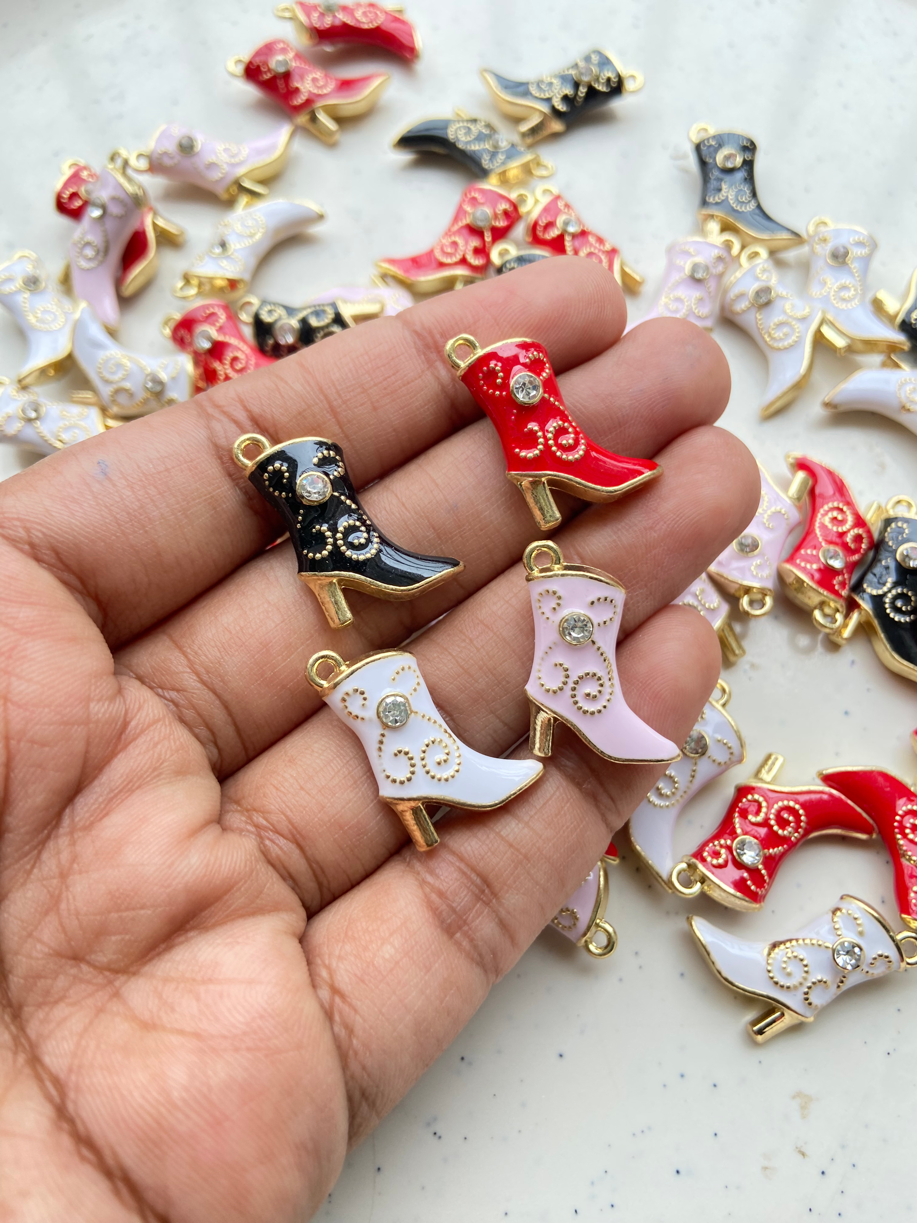 Enamel boot with rhinestone alloy charm