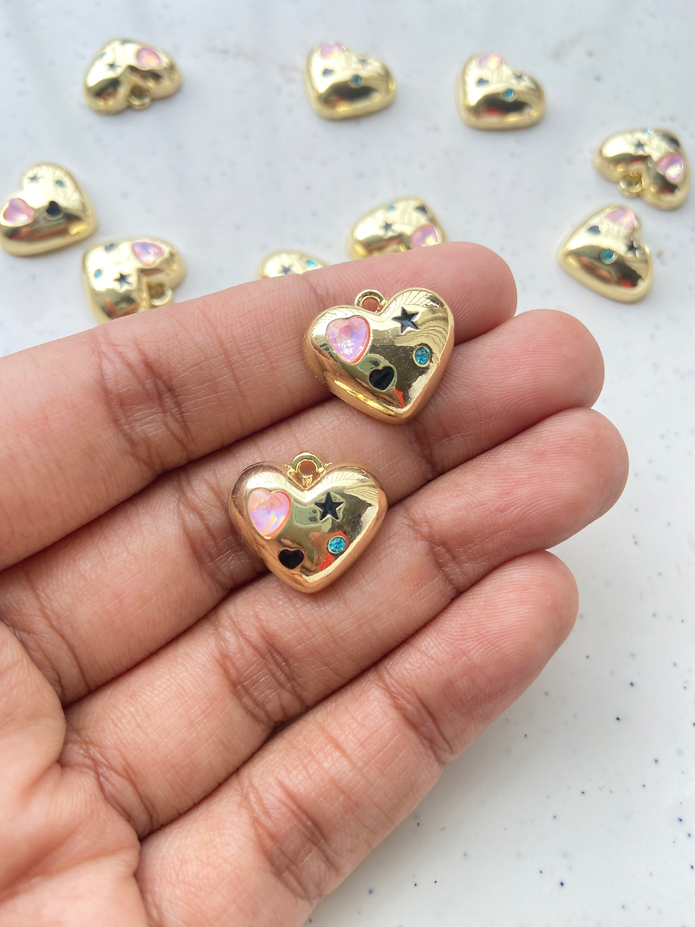 Thumbnail: Zircon moon/star embedded alloy heart charm