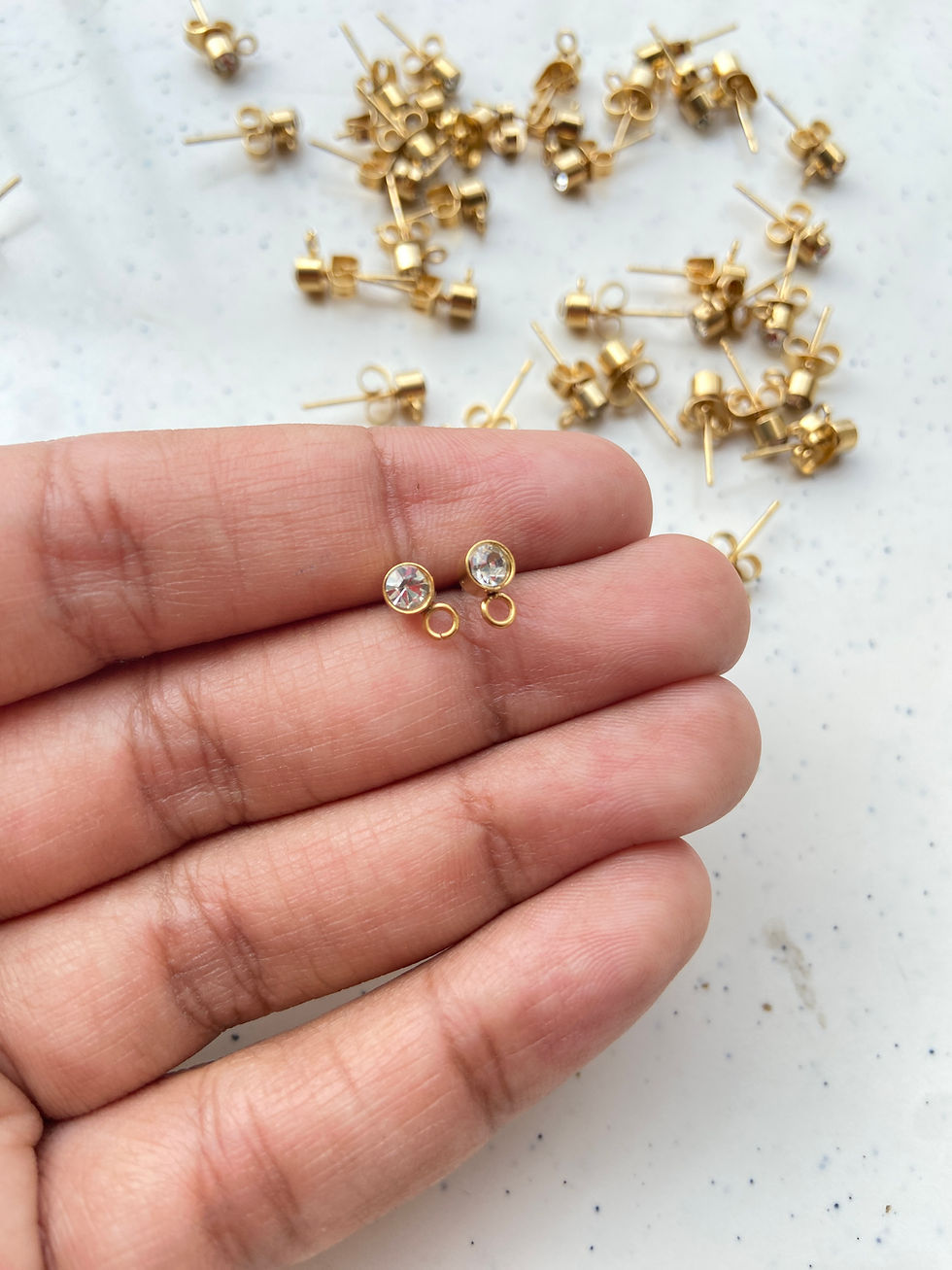 Thumbnail: 18k gold plated rhinestone studs with stopper, anti-tarnish PVD plating, (1pair)