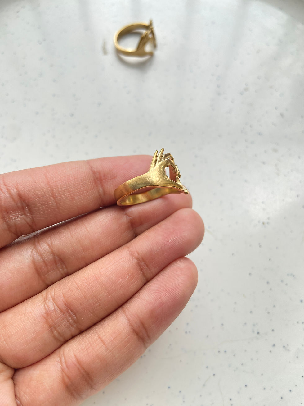 Thumbnail: Readymade- 18k gold plated hand heart gesture adjustable ring (1pc)