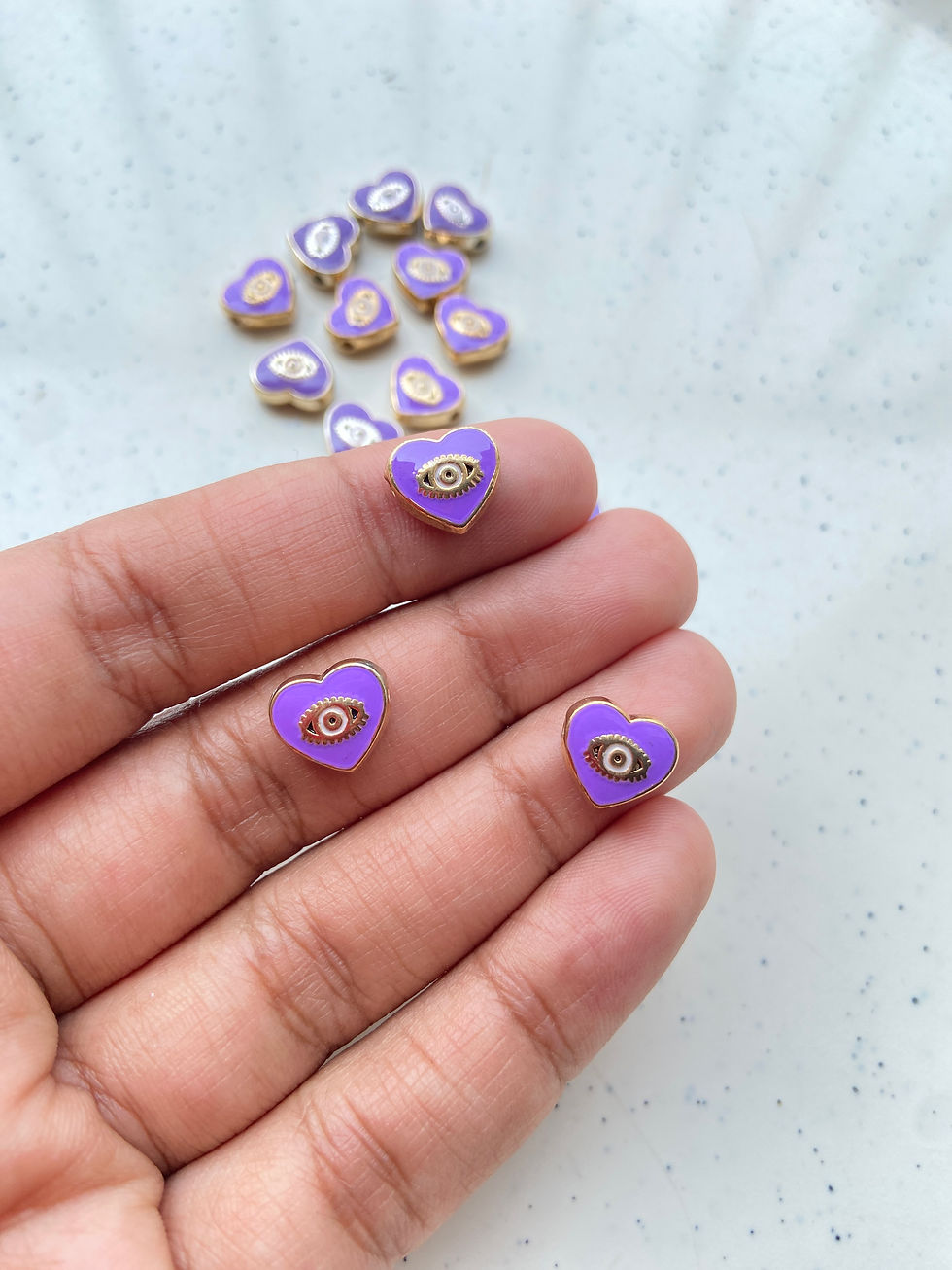 Thumbnail: Enamel heart with eye design alloy bead, horizontally drilled