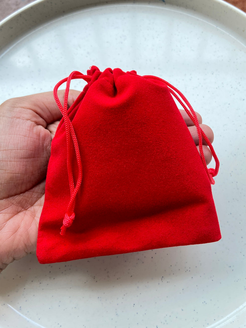 Thumbnail: Plain/simple red, pink & dark marron colour velvet drawstring pouch(1pc)