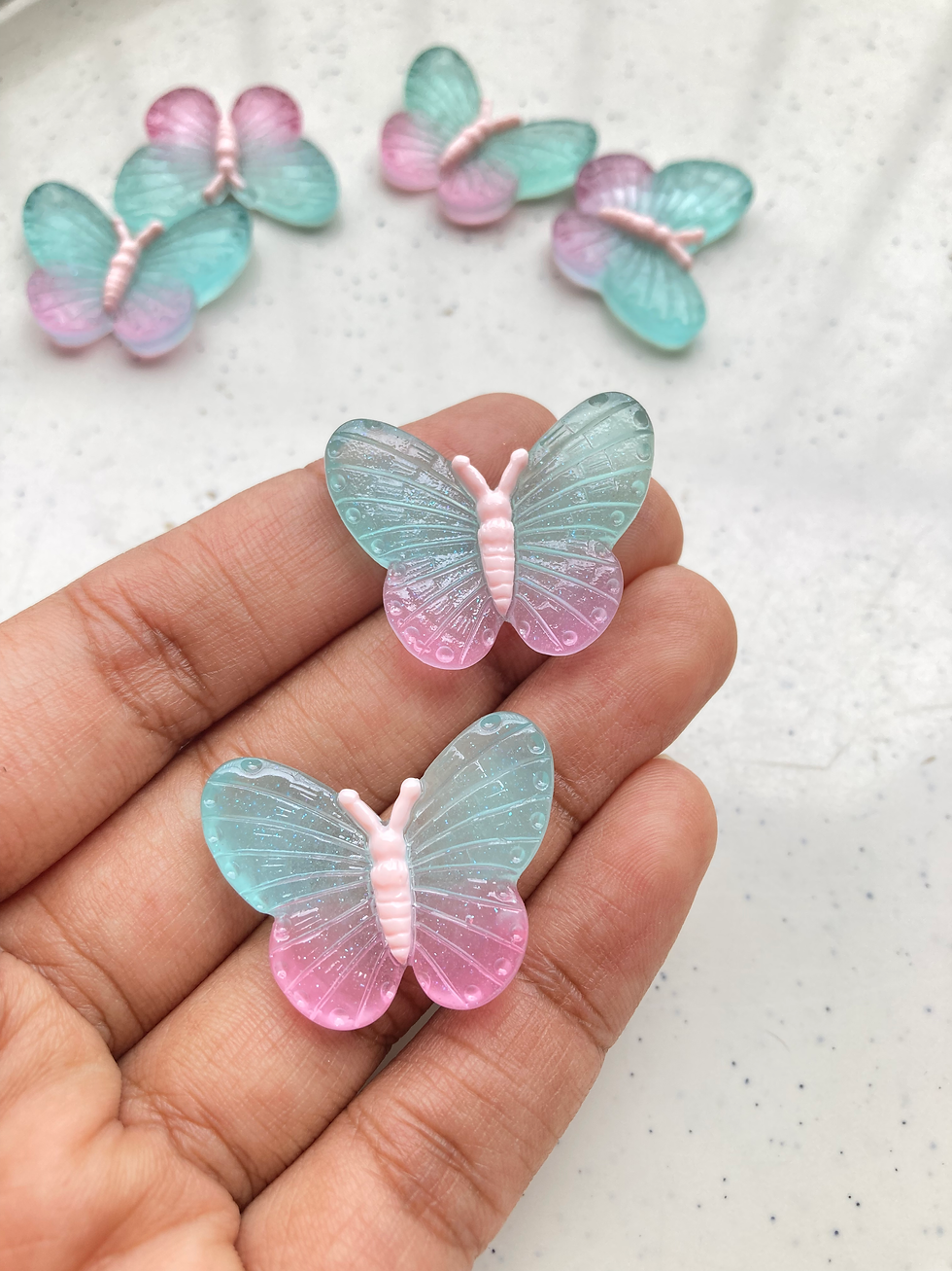 Thumbnail: Glitter dual colour butterfly cabachon charm (no hole, no hook)