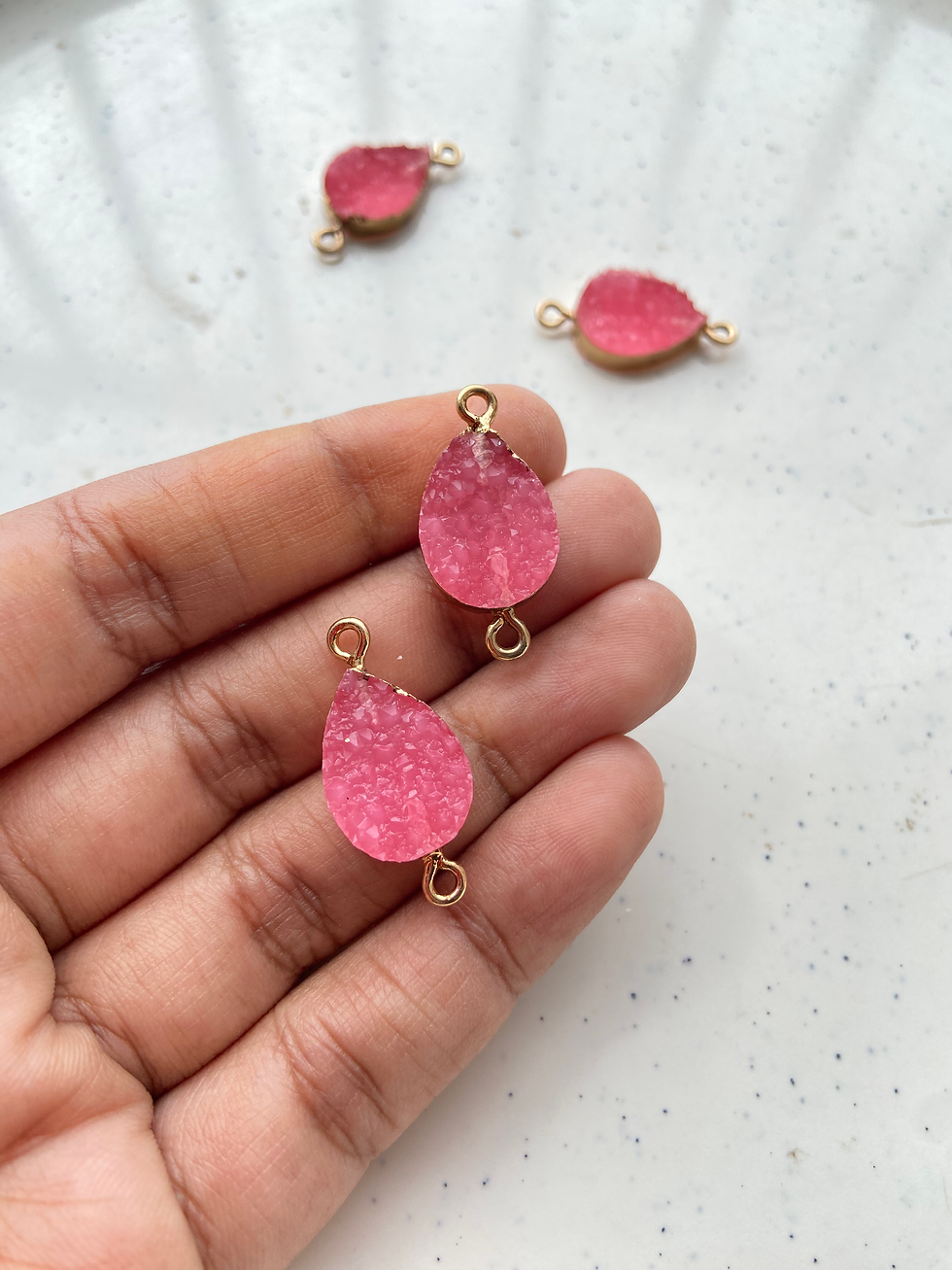 Thumbnail: Teardrop druzy dyed crystal connector