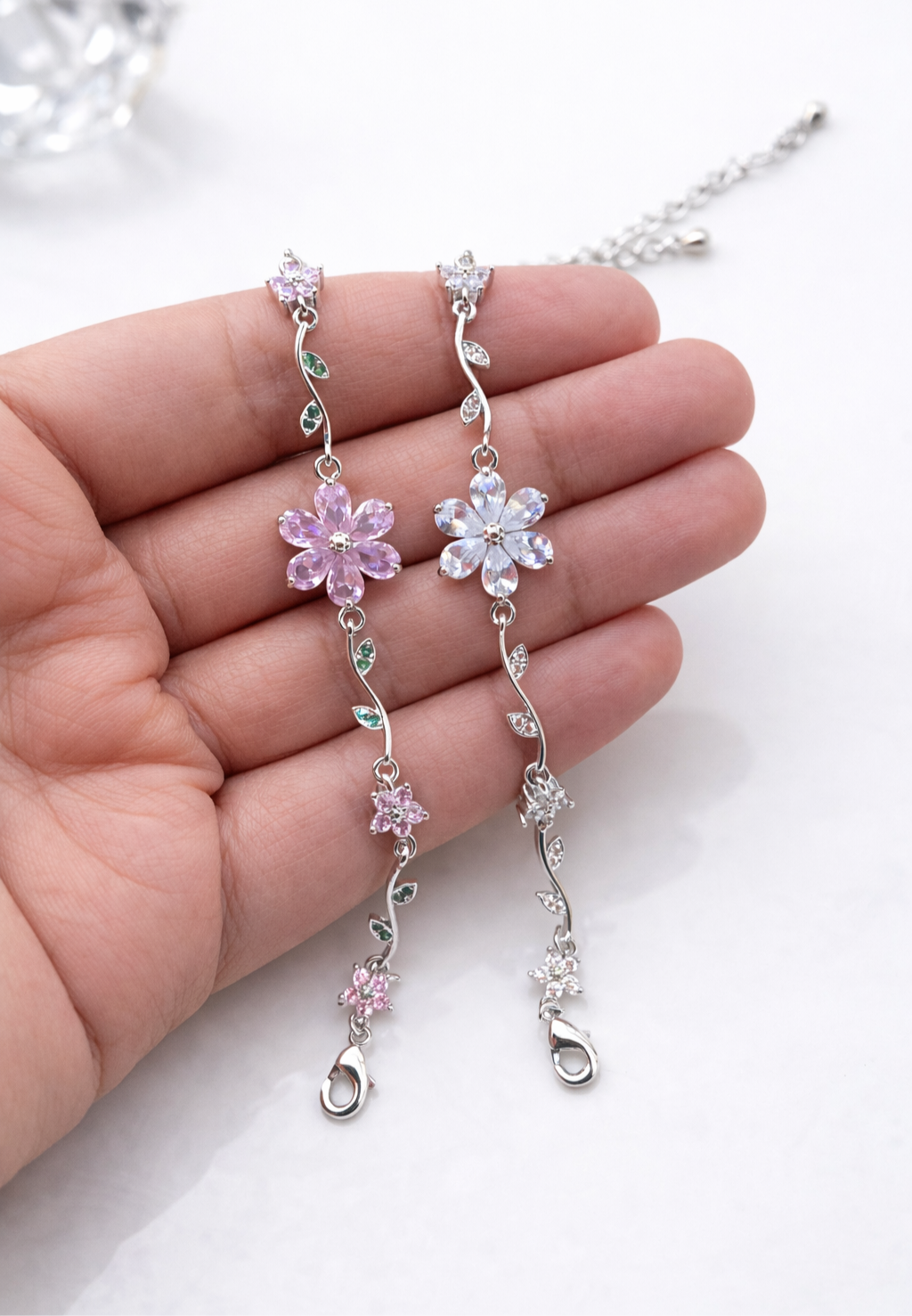 Flower & leaf link zircon silver bracelet with lobster clasp+extension (1pc)