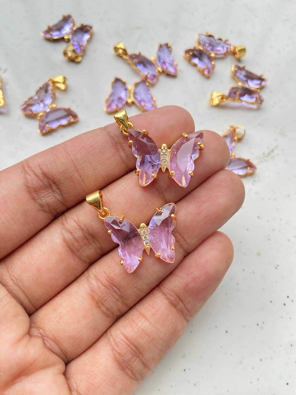 Thumbnail: Zircon side hanging pink/lavender butterfly charm