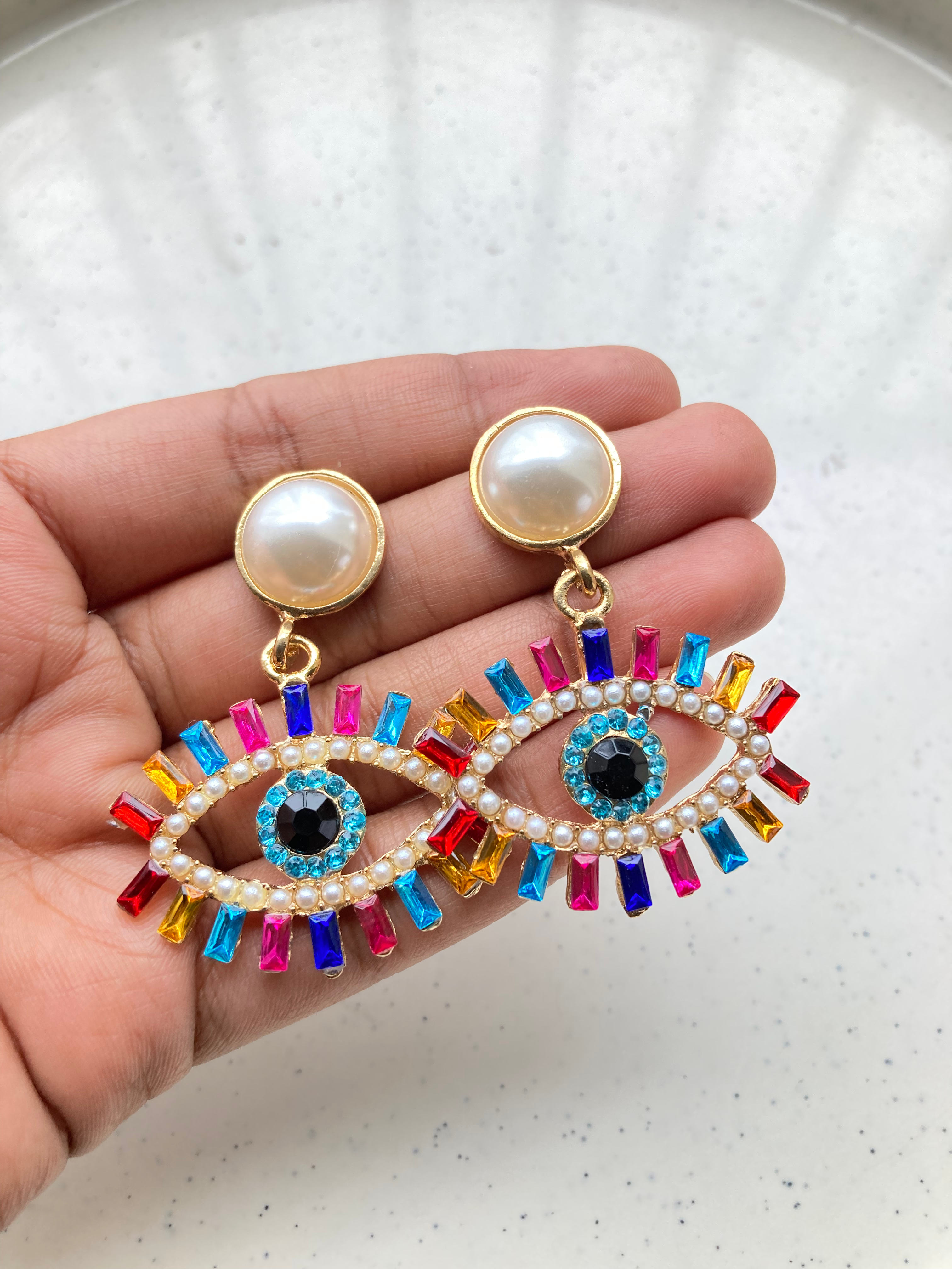 Readymade evil eye rhinestone with pearl earring