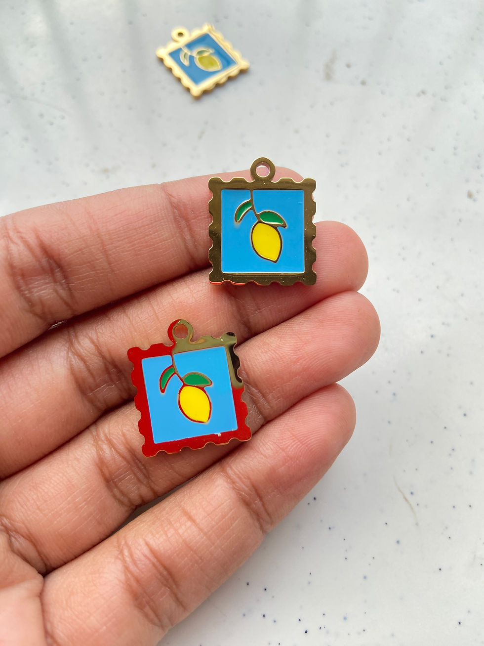 Thumbnail: Square with enamel strawberry/lemon/cherry charm, anti-tarnish