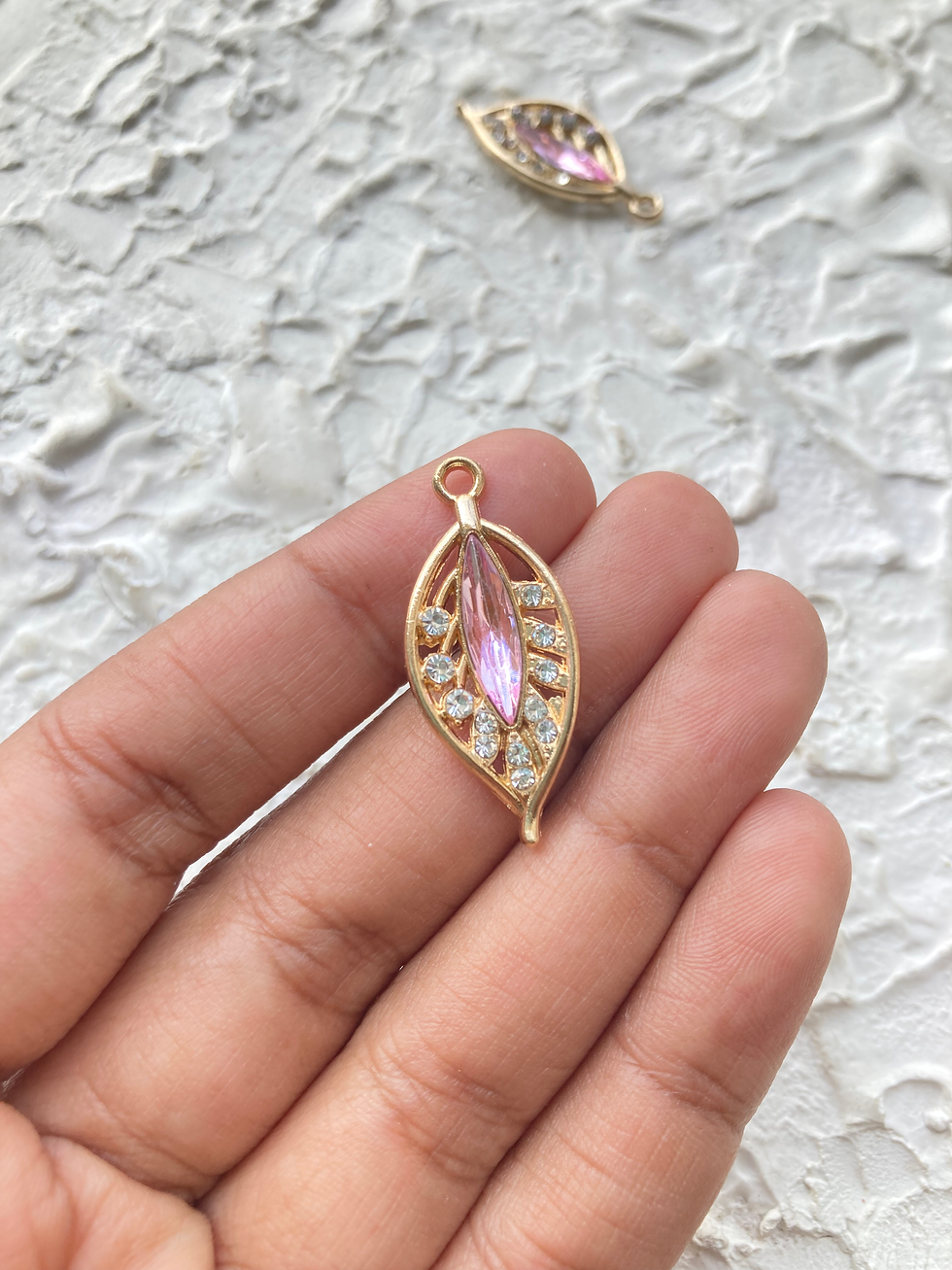 Thumbnail: Gold plated rhinestone leaf charm