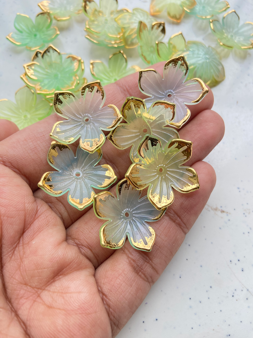 Thumbnail: Colourful star flower acrylic bead, center drilled with golden edge