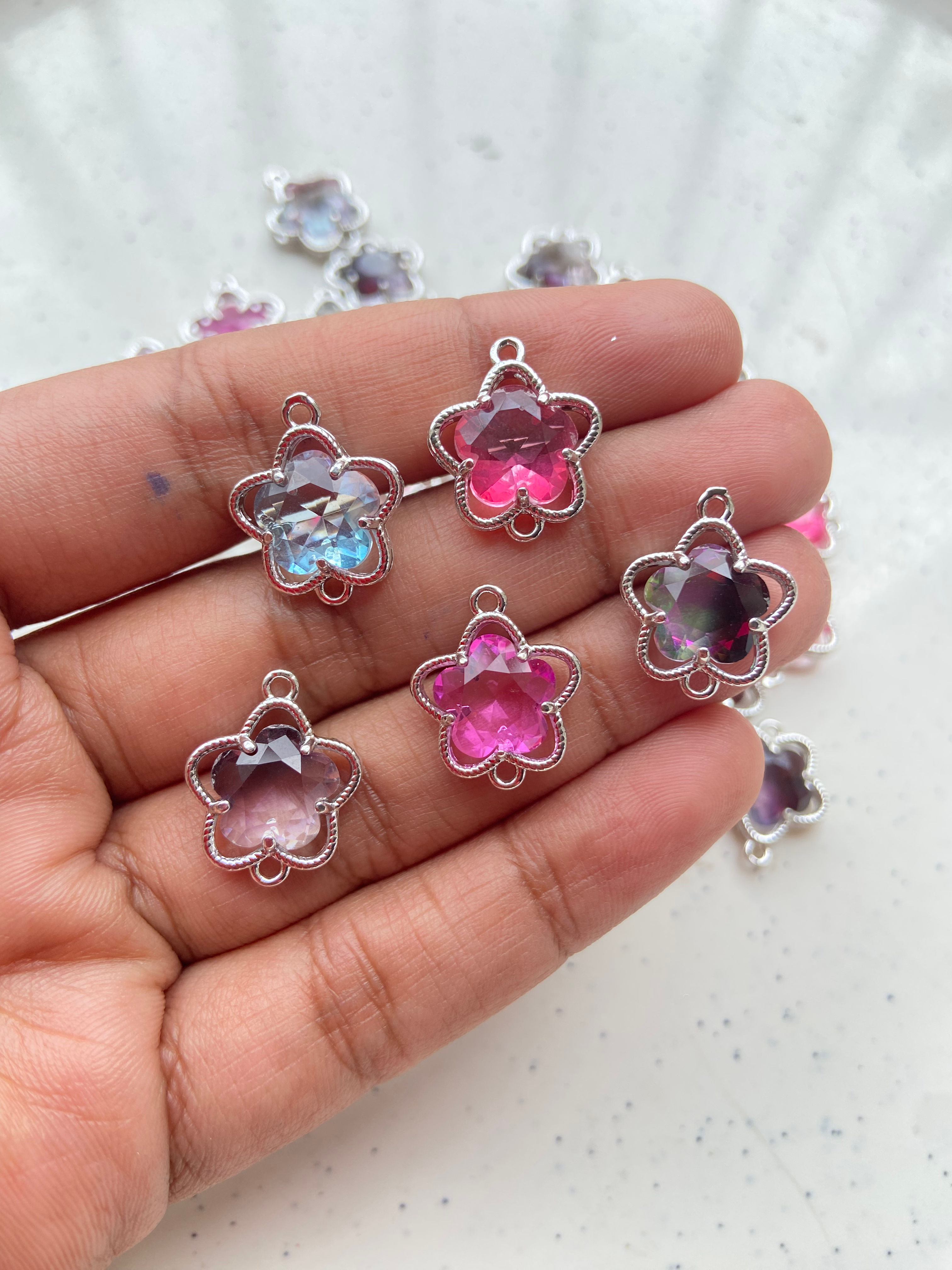 Silver frame faceted glass flower connector