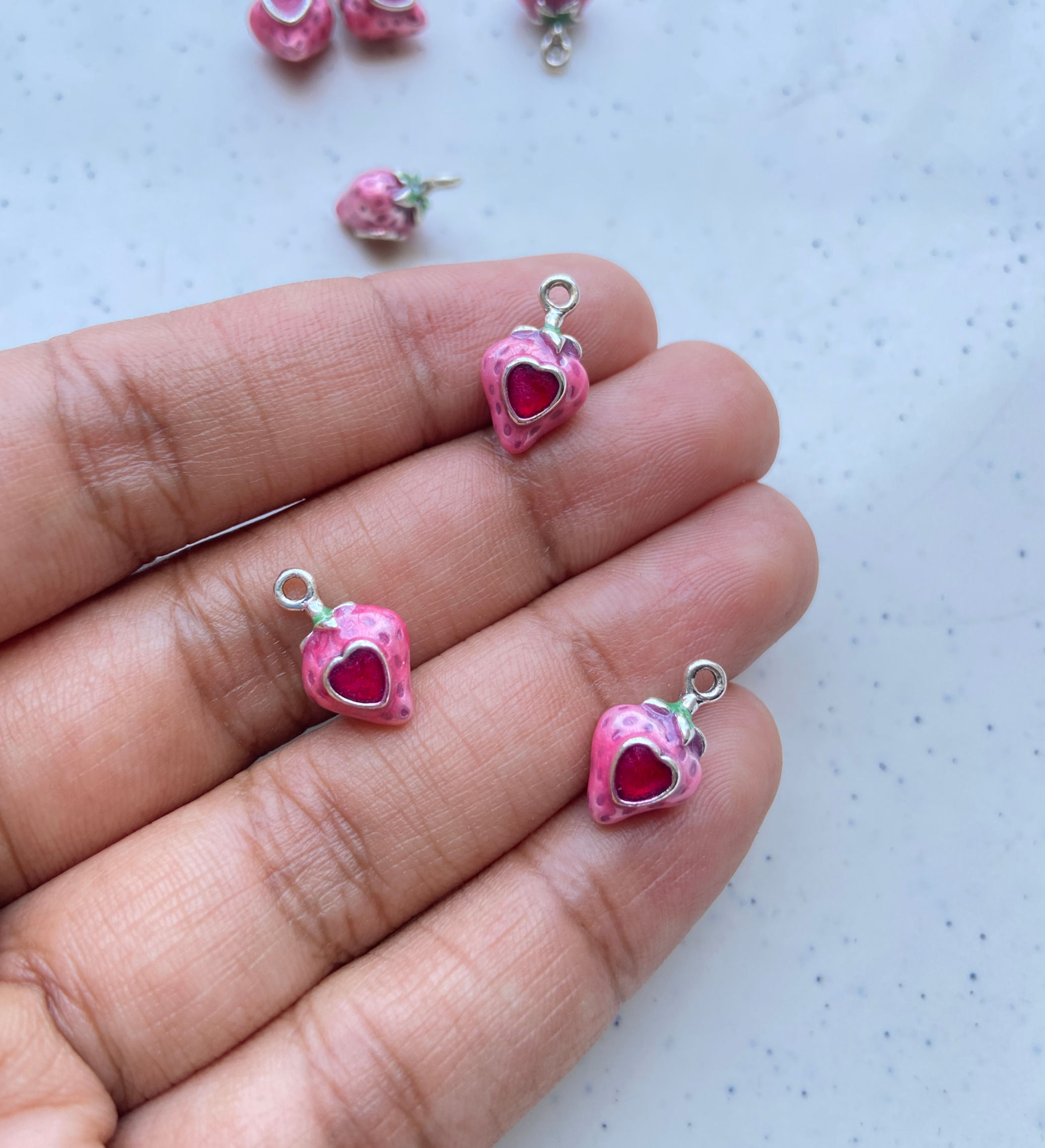 3D enamel strawberry with rhinestone charm (1pc)