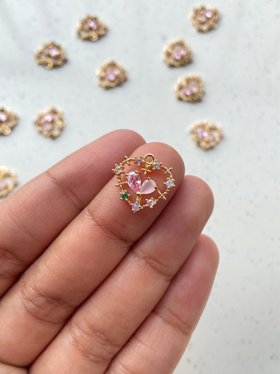 Thumbnail: Premium quality, 18k gold plated, double pink stone heart shape charm