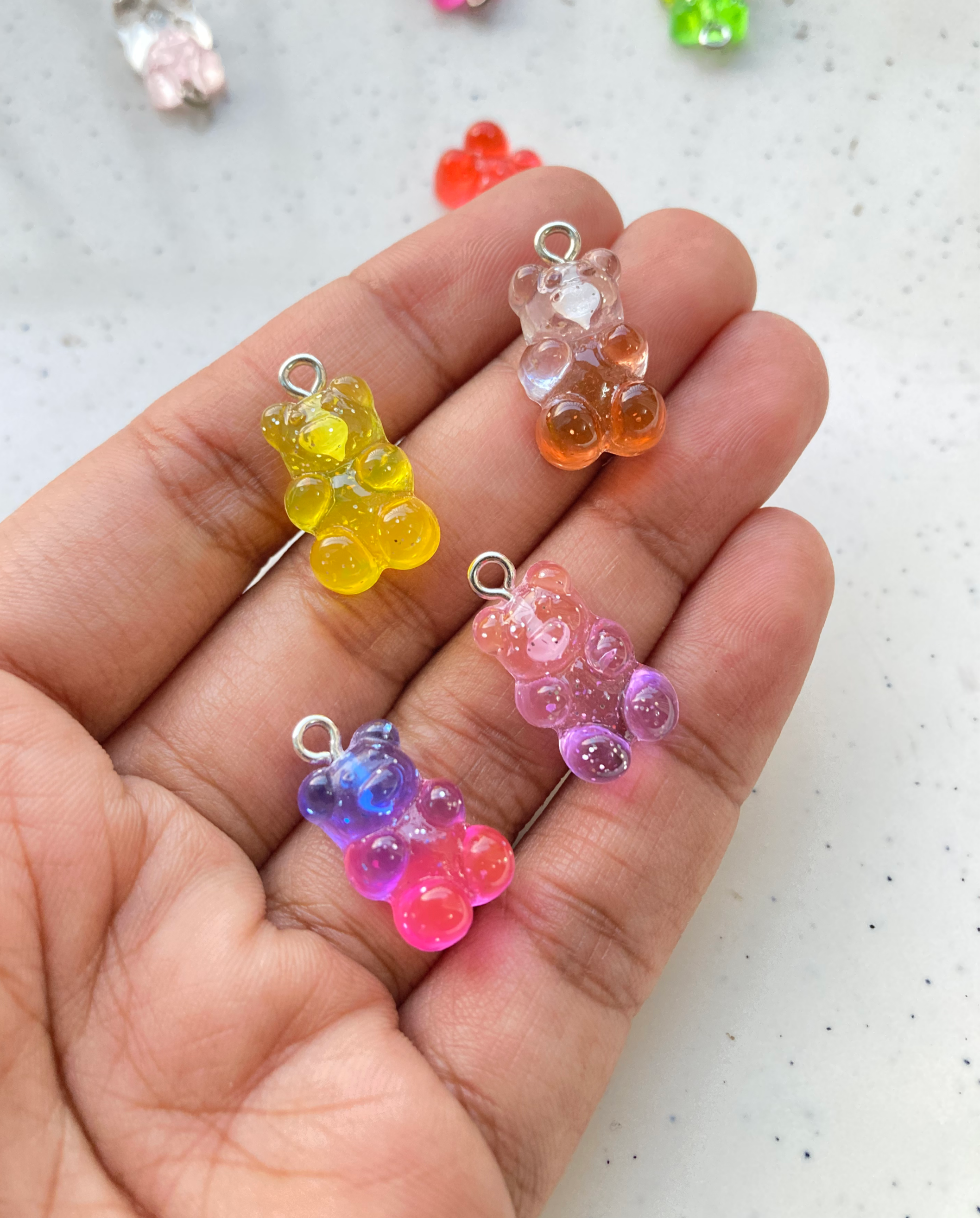Transparent two shade resin small gummy bear charm with glitter