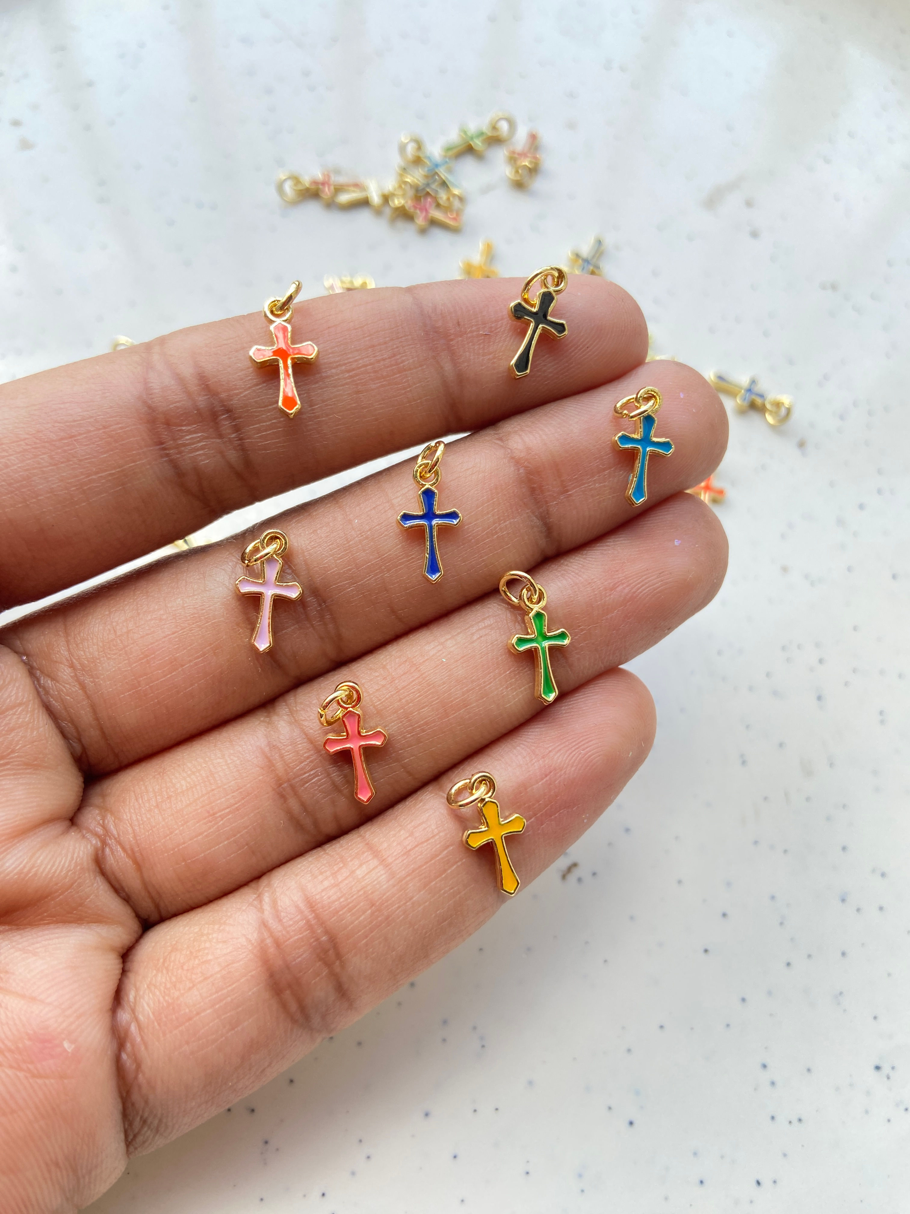 Tiny enamel cross brass charm