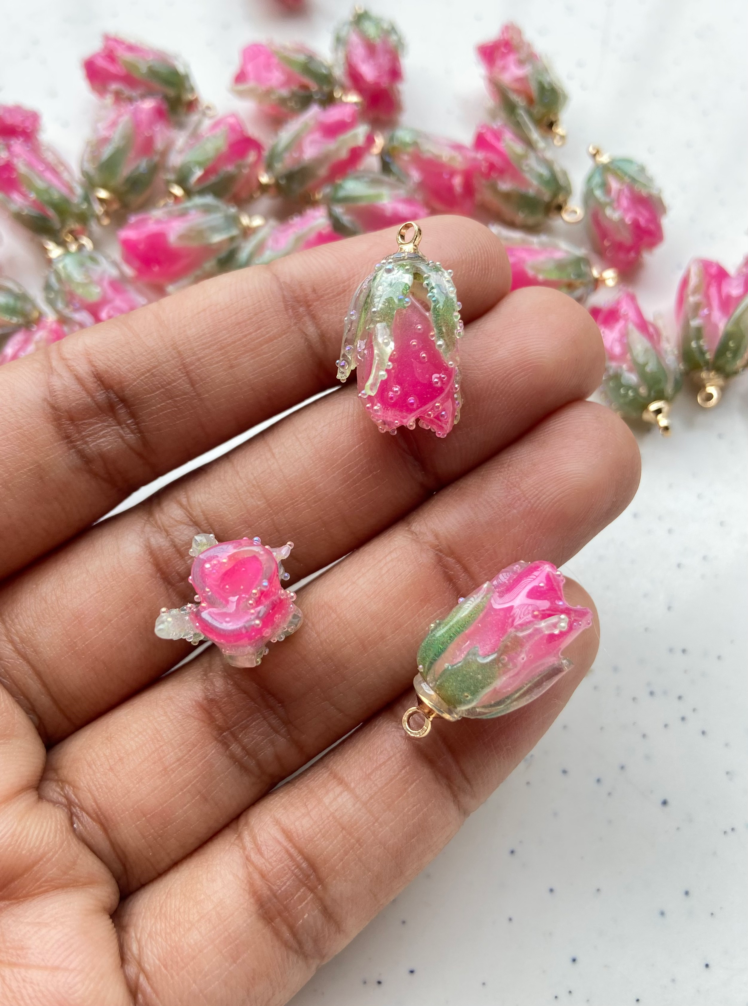 Acrylic rose bud flower charm with brass finding