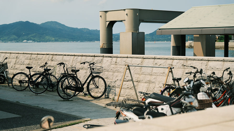 Bicycles parked by a stone wall near a waterfront, mountains in the background under a clear sky. Calm and serene setting.
