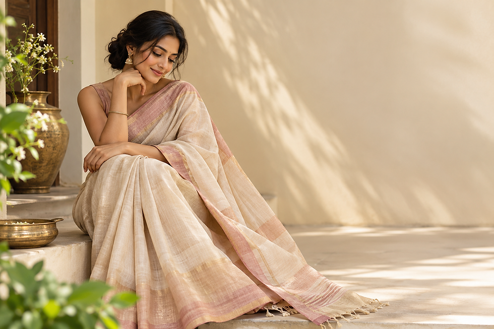 Woman in a soft blush and cream linen saree seated on sunlit steps