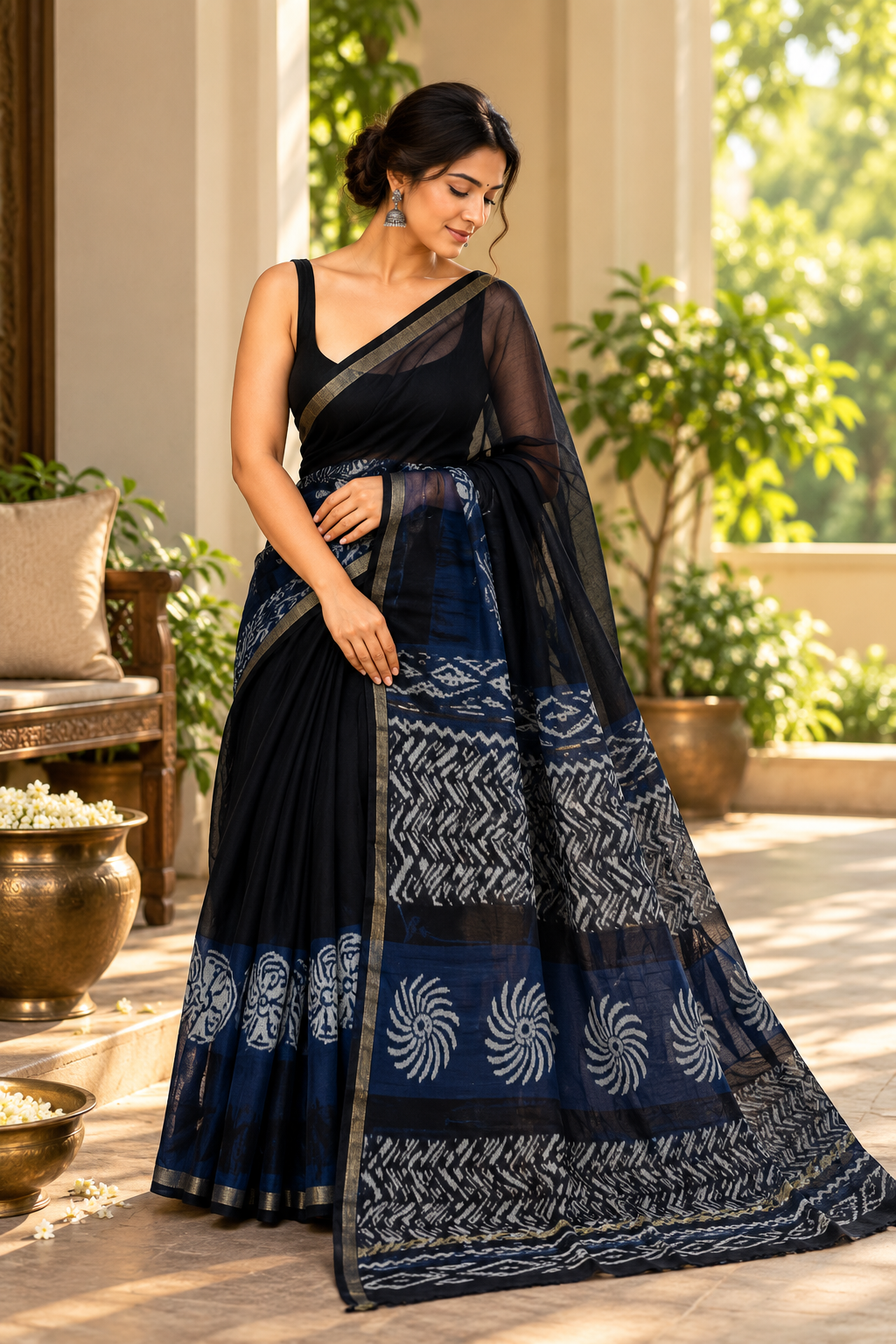 Pure Kota Doria Handblock Saree – Black & Blue Floral (with Blouse)