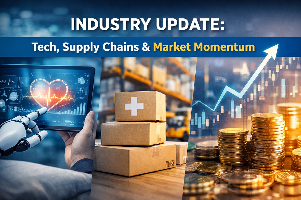Industry update showing medical technology innovation, healthcare supply chain logistics with packaged medical supplies, and market growth trends in the medical supply industry.