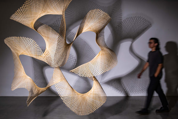 Viewer walking through “Clouds of Smoke — Dream Quest,” creating dialogue between body and form.