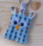 Porte-clés en forme de hibou, tissu tons bleus.
