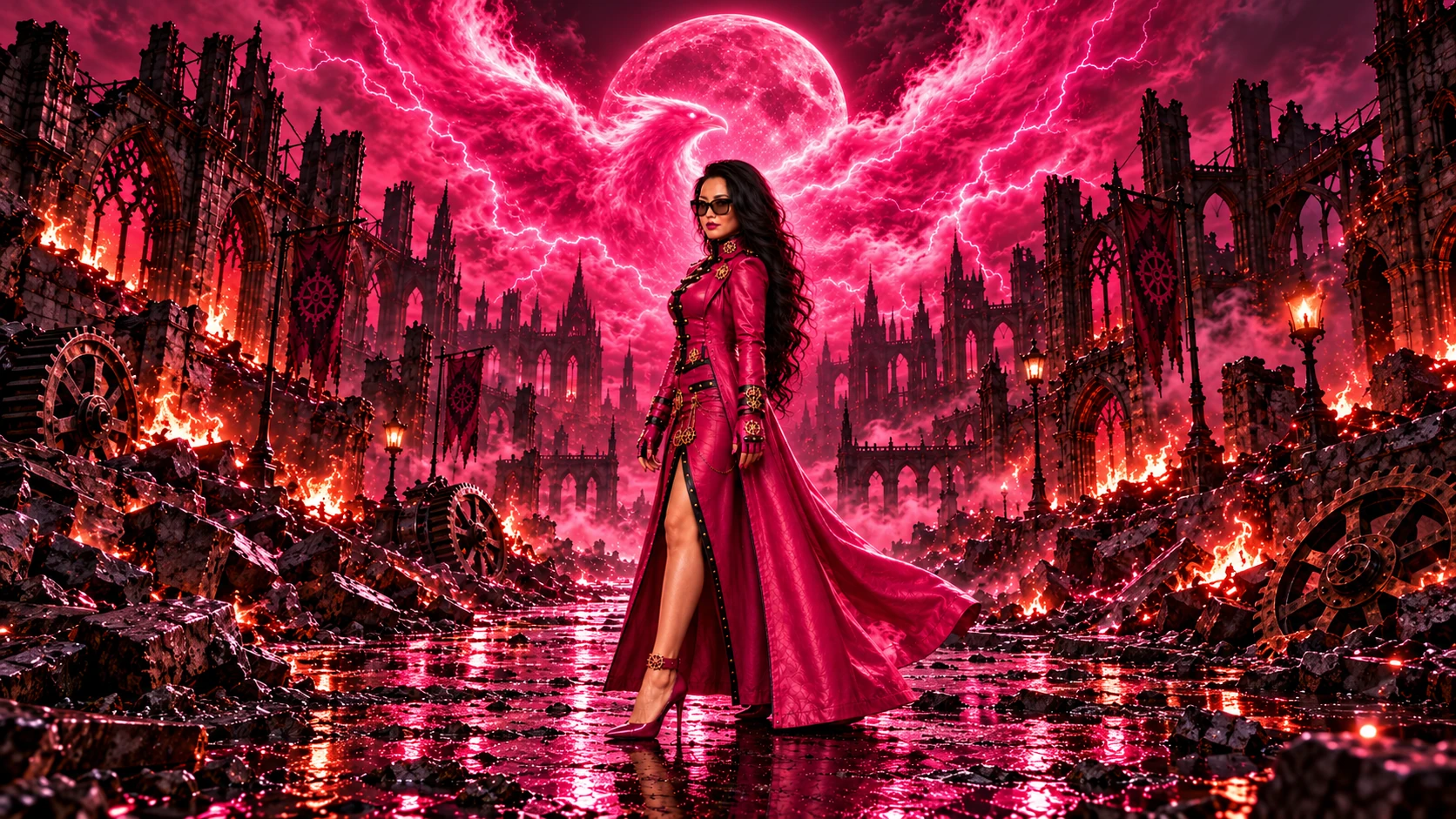 Benjamas Boost as the Hero brand archetype, standing in a fuchsia coat beneath a luminous phoenix.