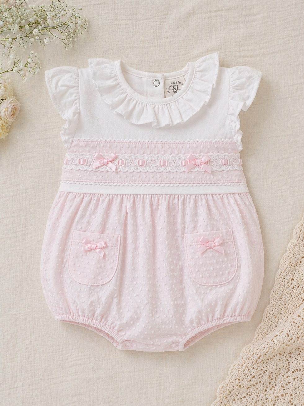 Baby Girl Pink/White Ruffle and Lace Romper
