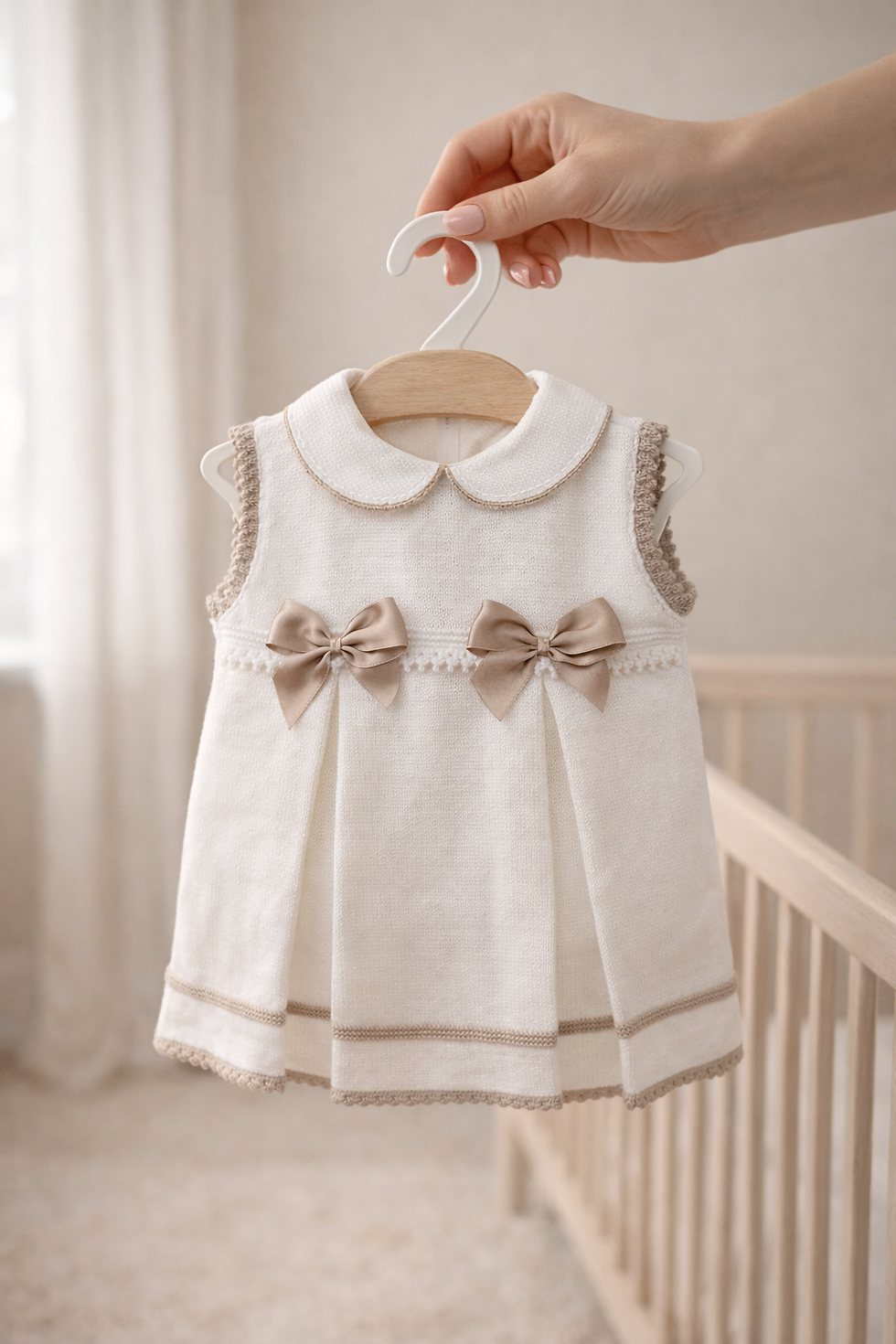 Thumbnail: Baby Girl White and Taupe Knitted Dress and Pants