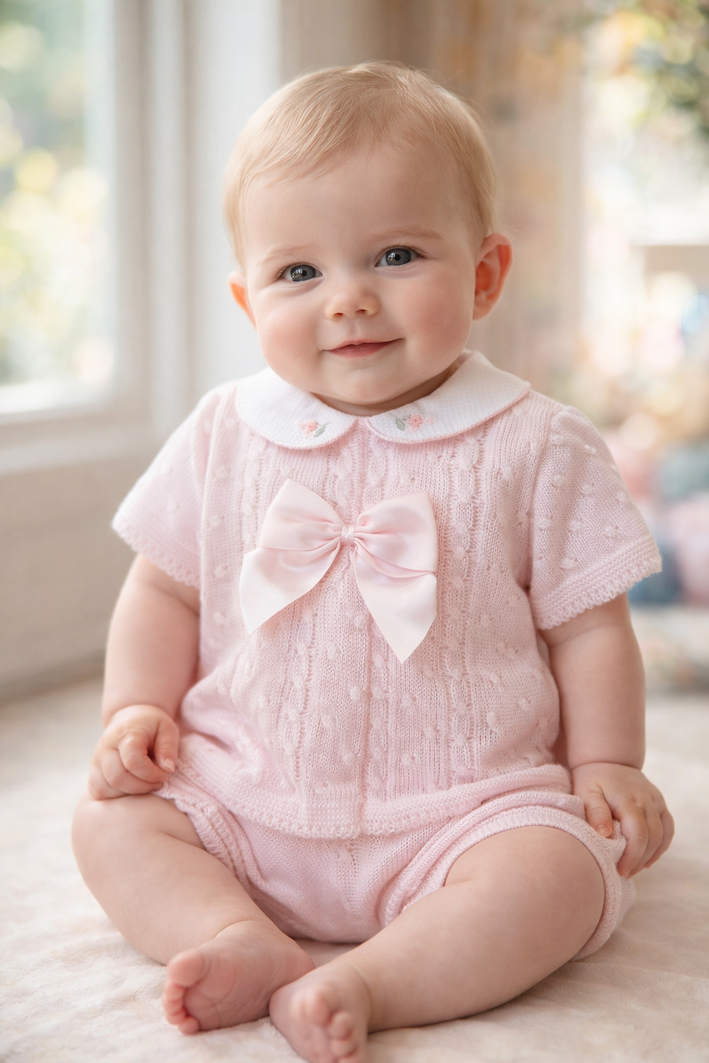Baby Girl 2 Piece Pink Knitted Suit with White Collar