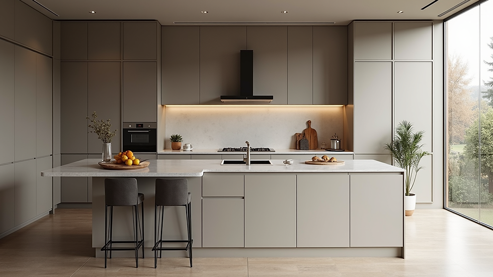 Eye-level view of a modern kitchen with sleek cabinetry and a large island