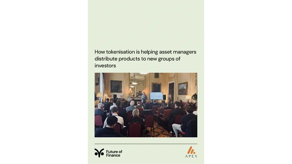 Audience at a finance seminar listens to a speaker in a formal room. Text reads: "How tokenisation is helping asset managers."