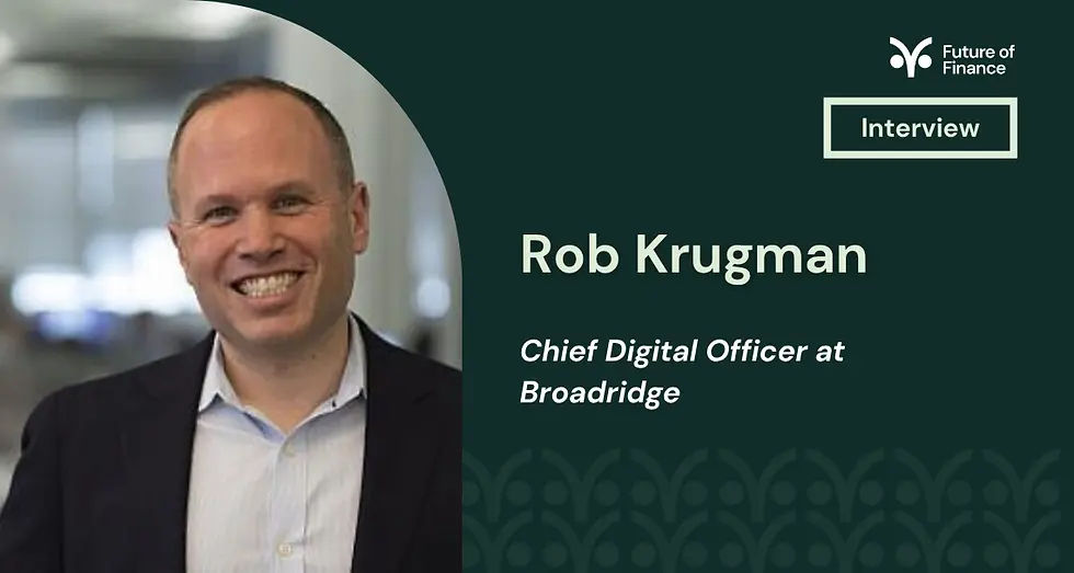 Man in a suit, labeled as Ciarán McGonagle, Chief Legal & Product Officer at Tokenovate. Background features "Future of Finance" and "Interview".