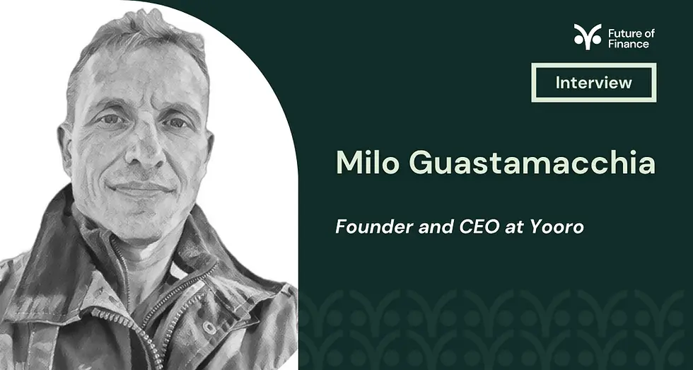 Man in a suit, labeled as Ciarán McGonagle, Chief Legal & Product Officer at Tokenovate. Background features "Future of Finance" and "Interview".