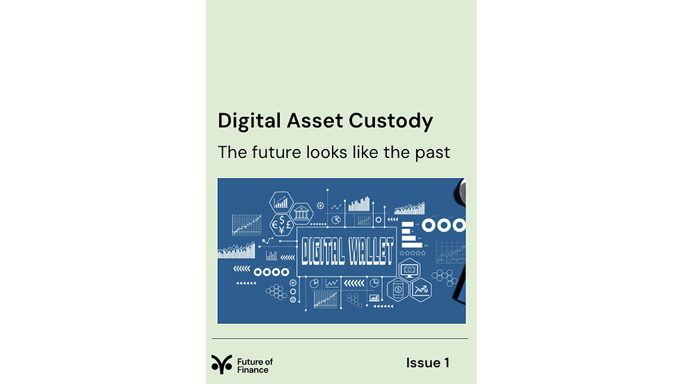 Digital Asset Custody cover with "The future looks like the past." Blue diagram, charts, and "DIGITAL WALLET" text on a pale green background.