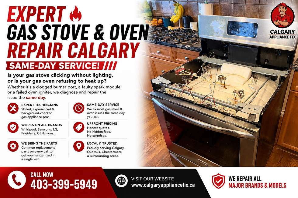 Calgary Appliance Fix technician repairing a Frigidaire gas stove.