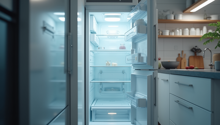 Eye-level view of a modern kitchen refrigerator with the door open showing shelves