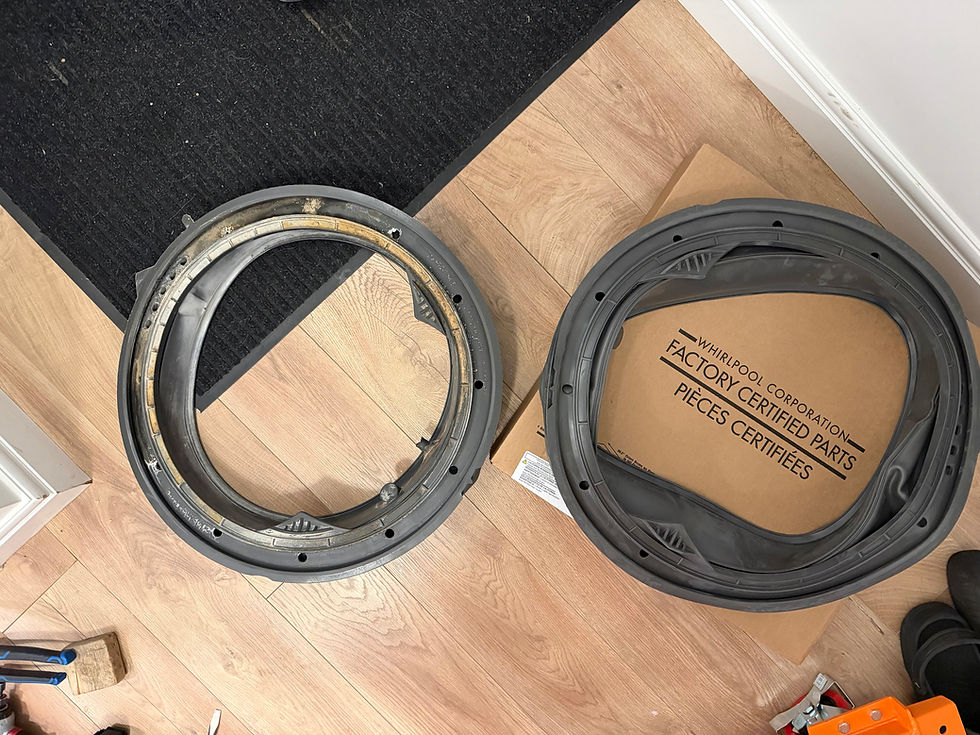 Old deteriorated washing machine door seal gasket with holes next to new Whirlpool factory certified replacement installed by Calgary Appliance Fix