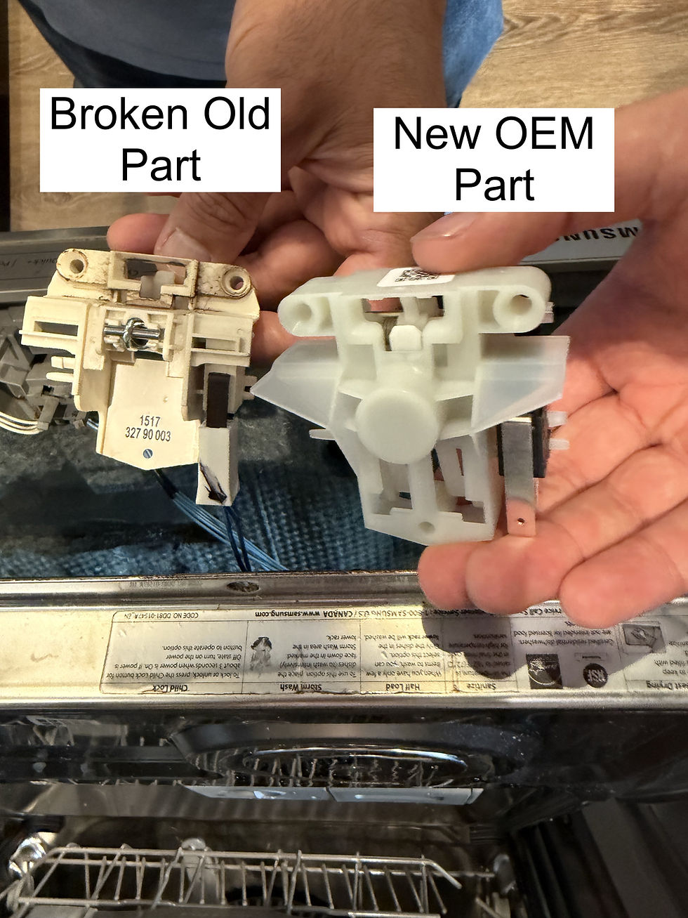 Old broken Samsung dishwasher door latch next to new OEM replacement part installed by Calgary Appliance Fix in SE Calgary