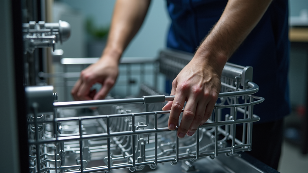 Close-up view of a technician’s hands repairing a dishwasher