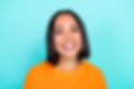 Portrait of girlish pretty lovely woman bob hairstyle wear orange sweater dental advertise