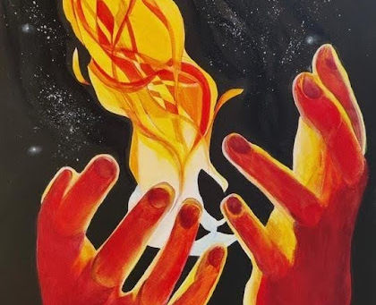 A painting of hands holding a flame