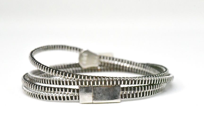 Thumbnail: Double/Four Steel and Black Zipper Bracelet and Necklace in One