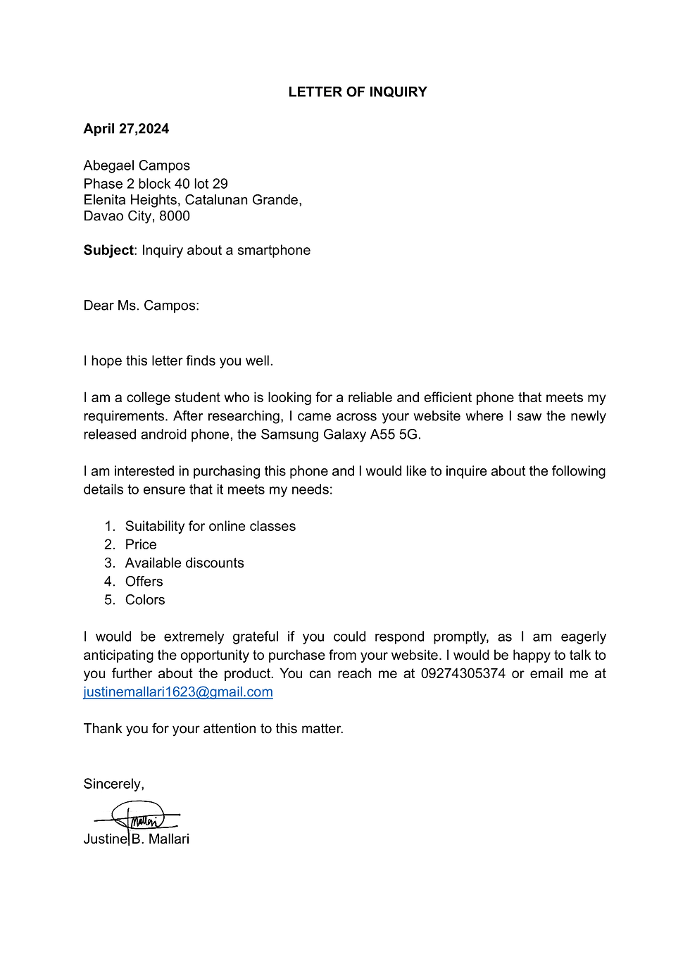 Letter of Inquiry & Response - Mallari