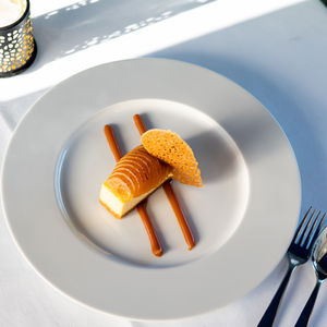 Elegant dessert plated with artistic presentation.